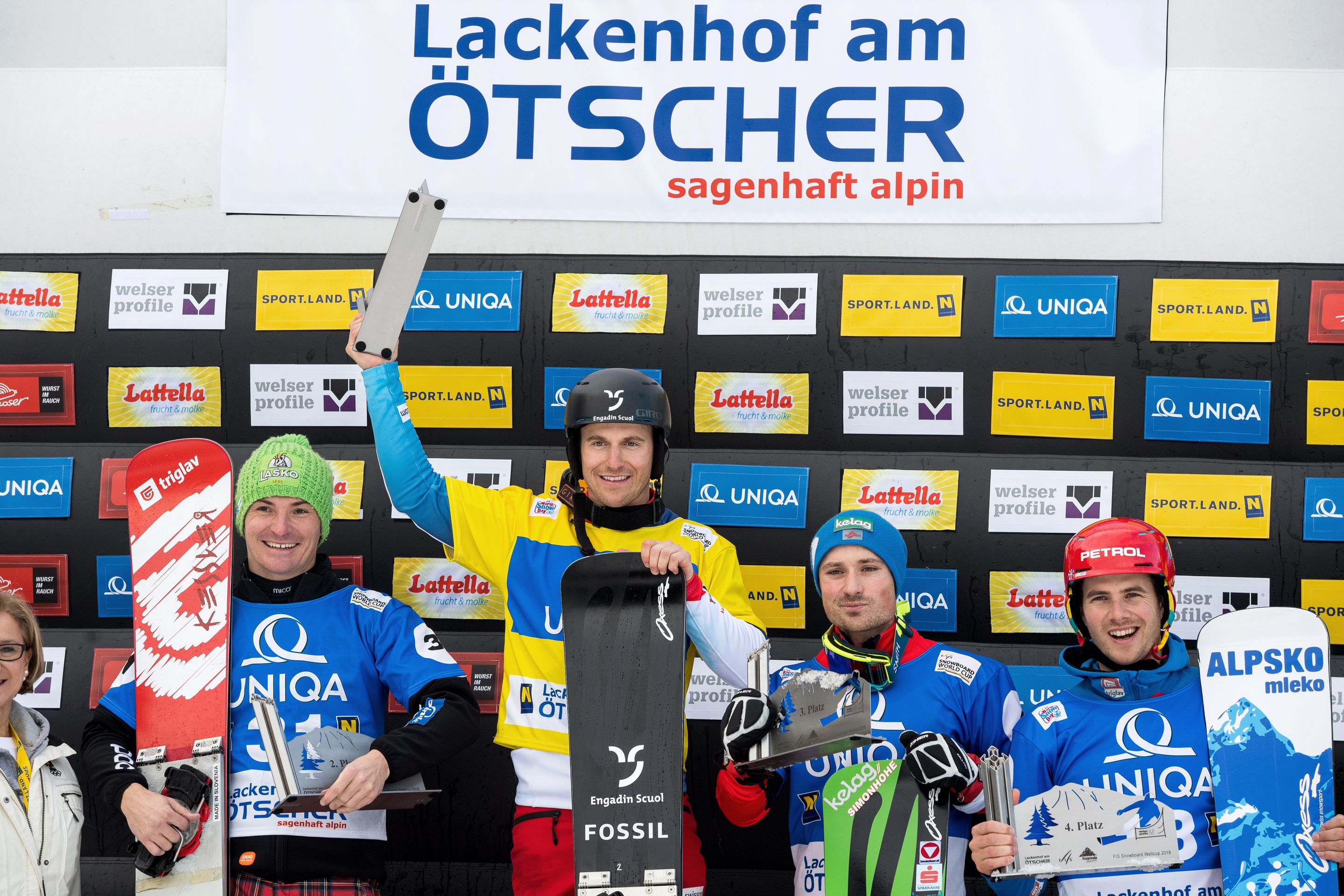 FIS Snowboard World Cup - Lackenhof AUT - PGS - Men's podium with 2nd MARGUC Rok SLO, 1st GALMARINI Nevin SUI, 3rd PAYER Alexander AUT and 4th KOSIR Zan SLO © Miha Matavz/FIS