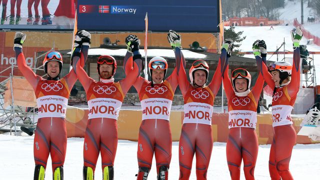 PYEONGCHANG-GUN, SOUTH KOREA - FEBRUARY 24: Norway Team wins the bronze medal during the Alpine Skiing National Team Event at Yongpyong Alpine Centre on February 24, 2018 in Pyeongchang-gun, South Korea. (Photo by Christophe Pallot/Agence Zoom)