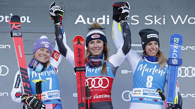 KRONPLATZ, ITALY - JANUARY 15: Tessa Worley of France takes 2nd place, Mikaela Shiffrin of USA takes 1st place, Marta Bassino of Italy takes 3rd place during the Audi FIS Alpine Ski World Cup Women's Giant Slalom on January 15, 2019 in Kronplatz Italy. (Photo by Christophe Pallot/Agence Zoom)