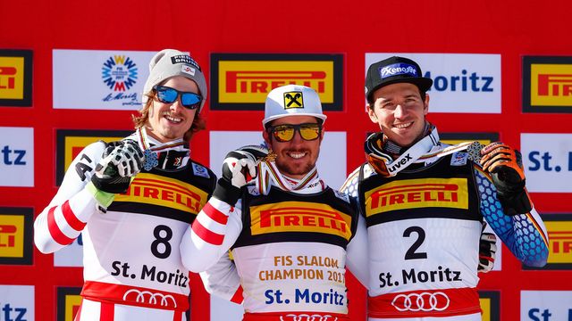 ST. MORITZ, SWITZERLAND Ð FEBRUARY 19: Manuel Feller of Austria wins the silver medal, Marcel Hirscher of Austria wins the gold medal, Felix Neureuther of Germany wins the bronze medal during the FIS Alpine Ski World Championships Men's Slalom on February 19, 2017 in St. Moritz, Switzerland (Photo by Giovanni Auletta/Agence Zoom)