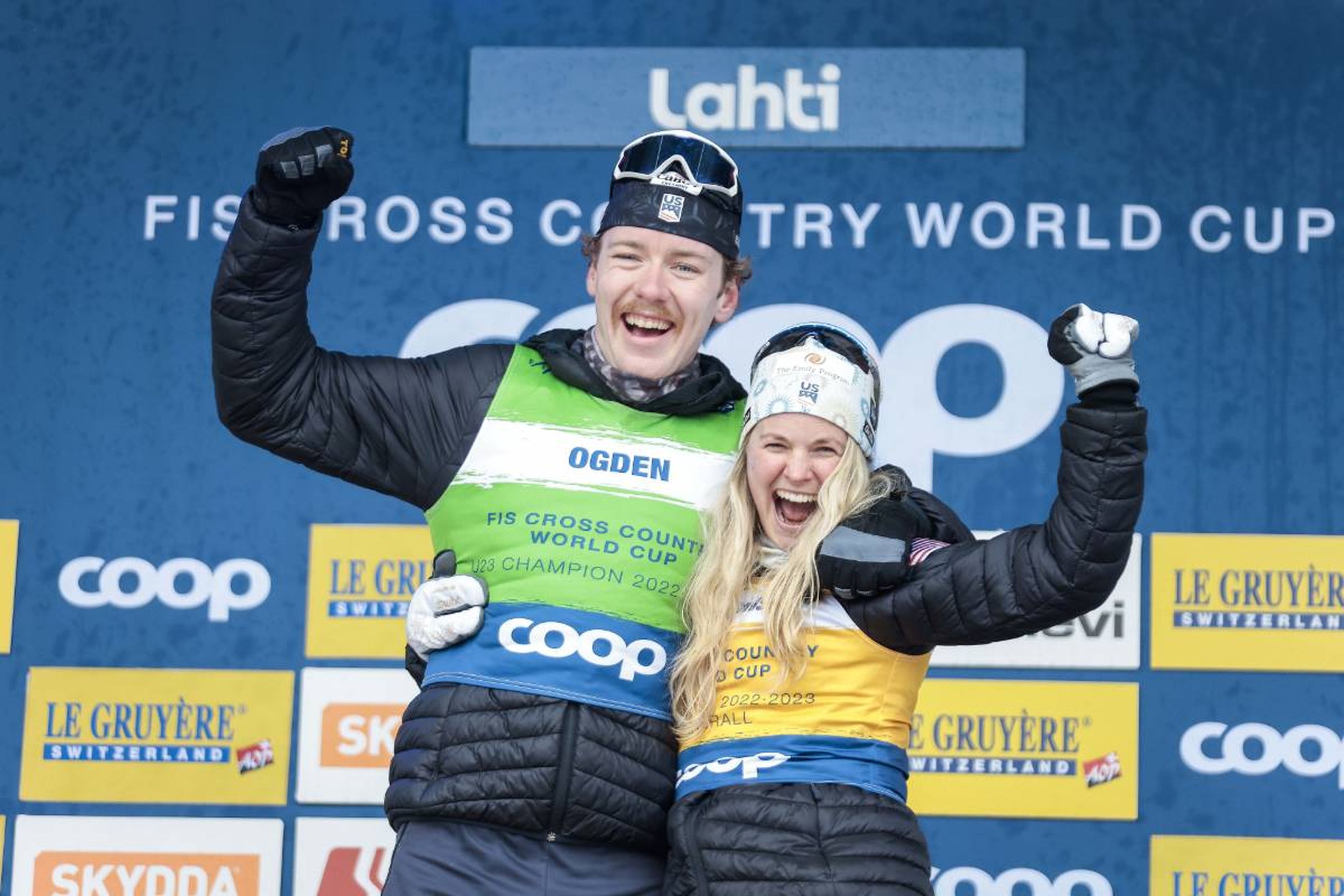 Teammates Ben Ogden and Jessie Diggins in Lahti, Finland, in March 2023 © NordicFocus