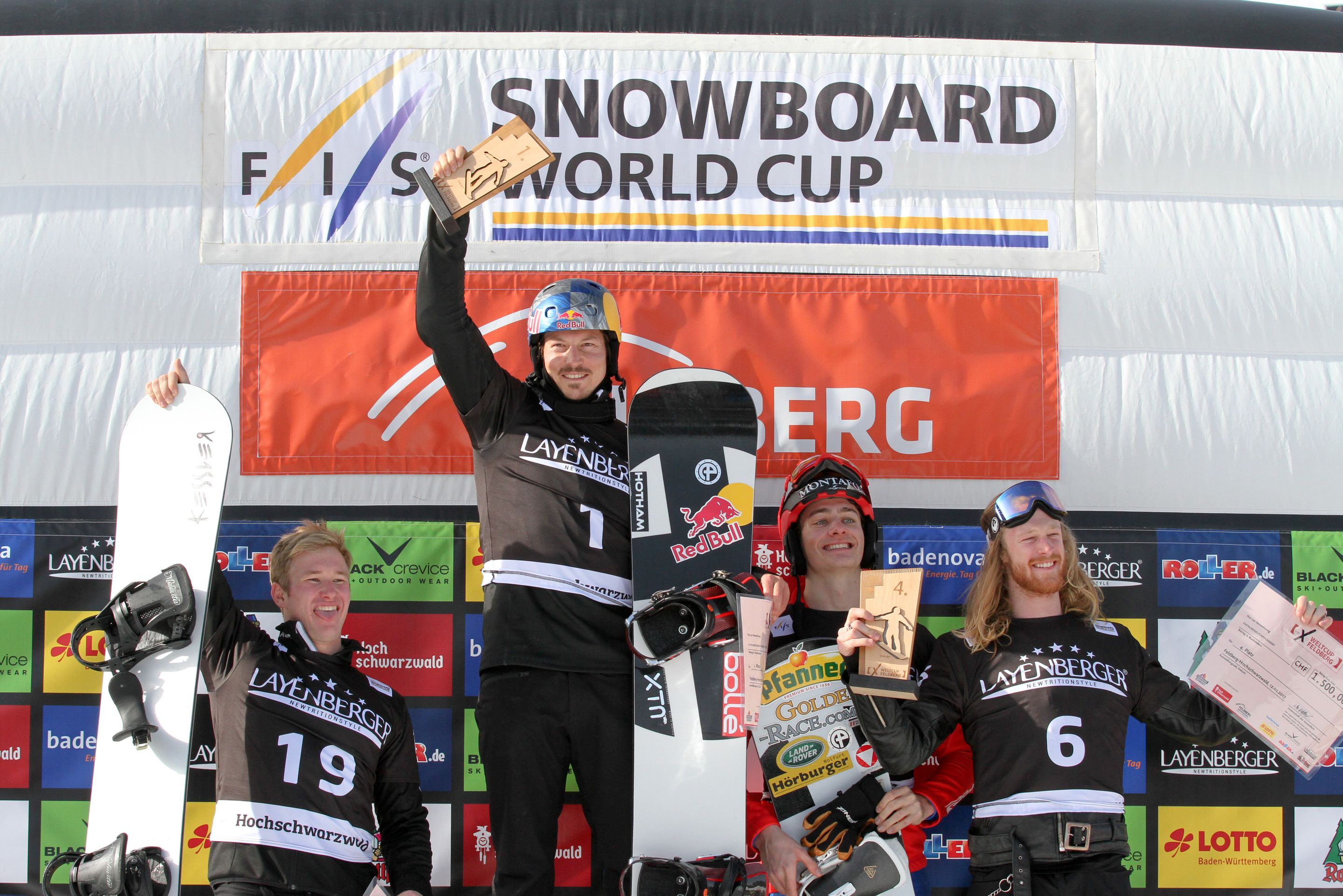 Men's Podium with 2nd Jarryd Hughes (AUS), 1st Alex Pullin (AUS), 3rd Alessandro Haemmerle (AUT) and 4th Hagen Kearney (USA) - SBX World Cup Feldberg - Race 2