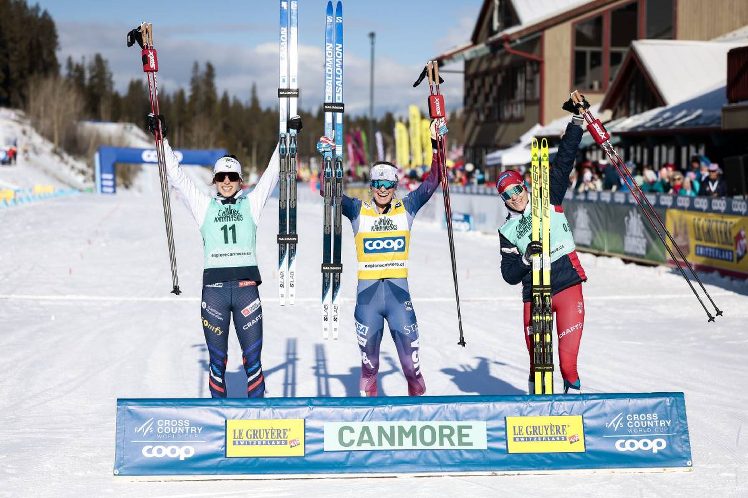 Delphine Claudel (FRA), Jessie Diggins (USA) and Heidi Weng (NOR) on the podium © NordicFocus