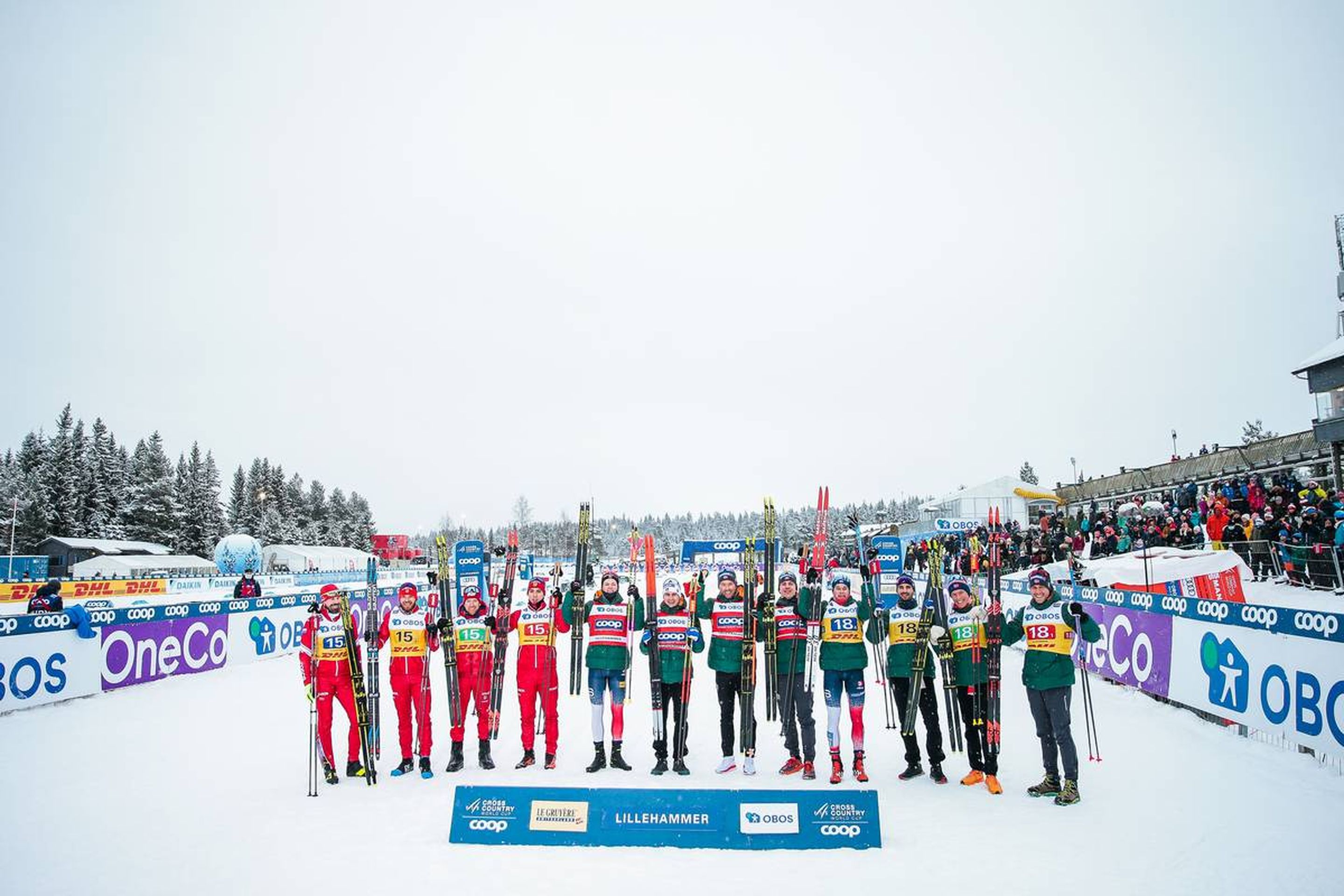 05.12.2021, Lillehammer, Norway (NOR):
Ilia Semikov (RUS), Sergey Ustiugov (RUS), Alexander Terentev (RUS), Artem Maltsev (RUS), Erik Valnes (NOR), Emil Iversen (NOR), Simen Hegstad Krueger (NOR), Johannes Hoesflot Klaebo (NOR), Harald Oestberg Amundsen (NOR), Hans Christer Holund (NOR), Martin Loewstroem Nyenget (NOR), Paal Golberg (NOR), (l-r) - FIS world cup cross-country, 4x7.5km men, Lillehammer (NOR). www.nordicfocus.com. © Modica/NordicFocus. Every downloaded picture is fee-liable.