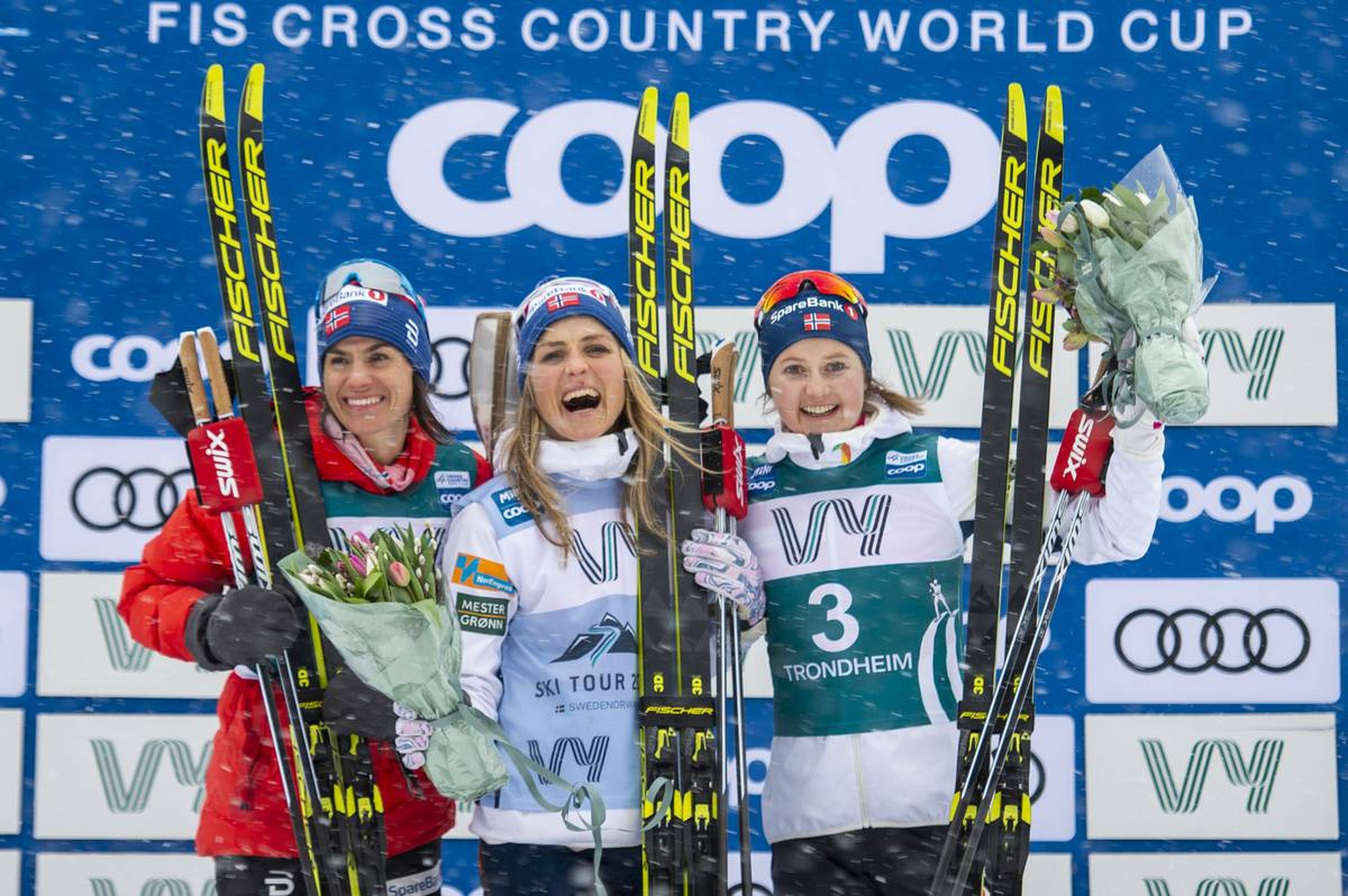 23.02.2020, Trondheim, Norway (NOR):
Heidi Weng (NOR), Therese Johaug (NOR), Ingvild Flugstad Oestberg (NOR), (l-r) - FIS world cup cross-country, pursuit women, Trondheim (NOR). www.nordicfocus.com. © Thibaut/NordicFocus. Every downloaded picture is fee-liable.