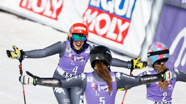 ASPEN, USA - MARCH 19: Federica Brignone of Italy takes 1st place, Sofia Goggia of Italy takes 2nd place, Marta Bassino of Italy takes 3rd place during the Audi FIS Alpine Ski World Cup Finals Women's Giant Slalom and Men's Slalom on March 19, 2017 in Aspen, USA (Photo by Alexis Boichard/Agence Zoom)
