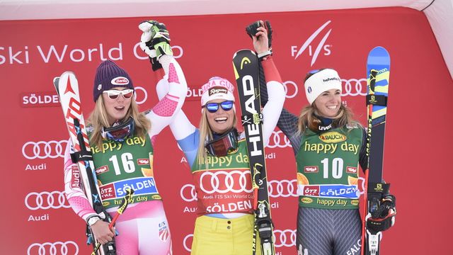 SOELDEN, AUSTRIA - OCTOBER 22: Lara Gut of Switzerland takes 1st place, Mikaela Shiffrin of USA takes 2nd place, Marta Bassino of Italy takes 3rd place during the Audi FIS Alpine Ski World Cup Women's Giant Slalom on October 22, 2016 in Soelden, Austria (Photo by Michel Cottin/Agence Zoom)