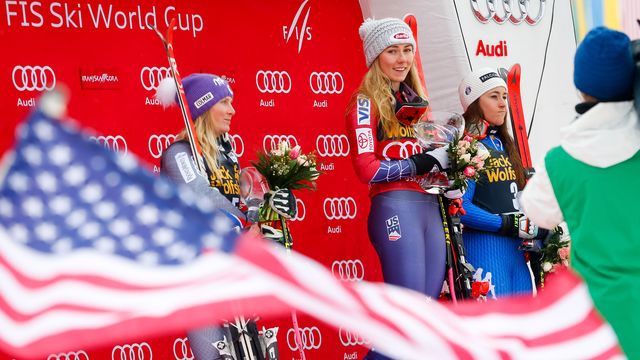 KRANJSKA GORA, SLOVENIA - JANUARY 06: Tessa Worley of France takes 2nd place, Mikaela Shiffrin of USA takes 1st place, Sofia Goggia of Italy takes 3rd place during the Audi FIS Alpine Ski World Cup Women's Giant Slalom on January 6, 2018 in Kranjska Gora, Slovenia. (Photo by Christophe Pallot/Agence Zoom)