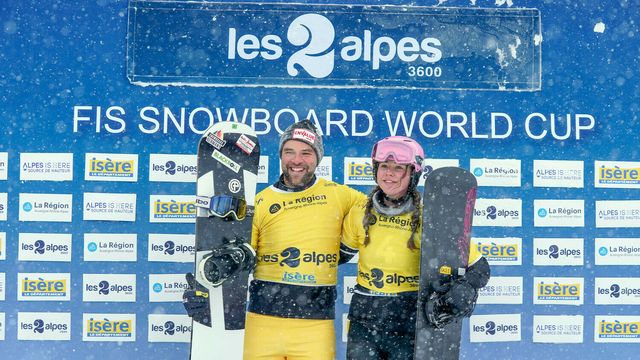LES 2 ALPES, FRANCE - DECEMBER 2-3: Martin Noerl of Team Germany takes 1st place, Josie Baff takes 1st place during the FIS Snowboard CrossWorld Cup on december 2-3, 2022 in Les 2 Alpes, France. (Photo by Michel Cottin/Agence Zoom)