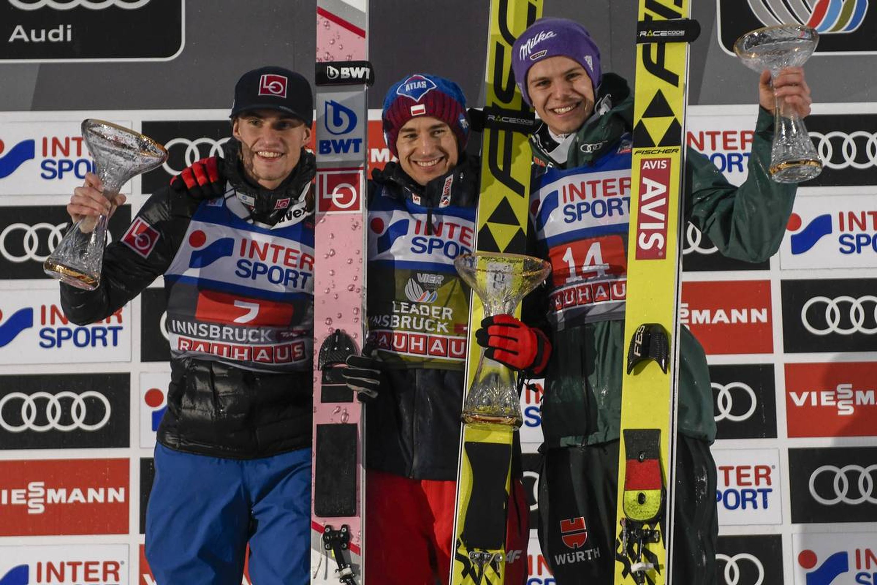 04.01.2018, Innsbruck, Austria (AUT):
Daniel Andre Tande (NOR), Kamil Stoch (POL), Andreas Wellinger (GER), (l-r) - FIS world cup ski jumping, four hills tournament, individual HS130, Innsbruck (AUT). www.nordicfocus.com. © Thibaut/NordicFocus. Every downloaded picture is fee-liable.