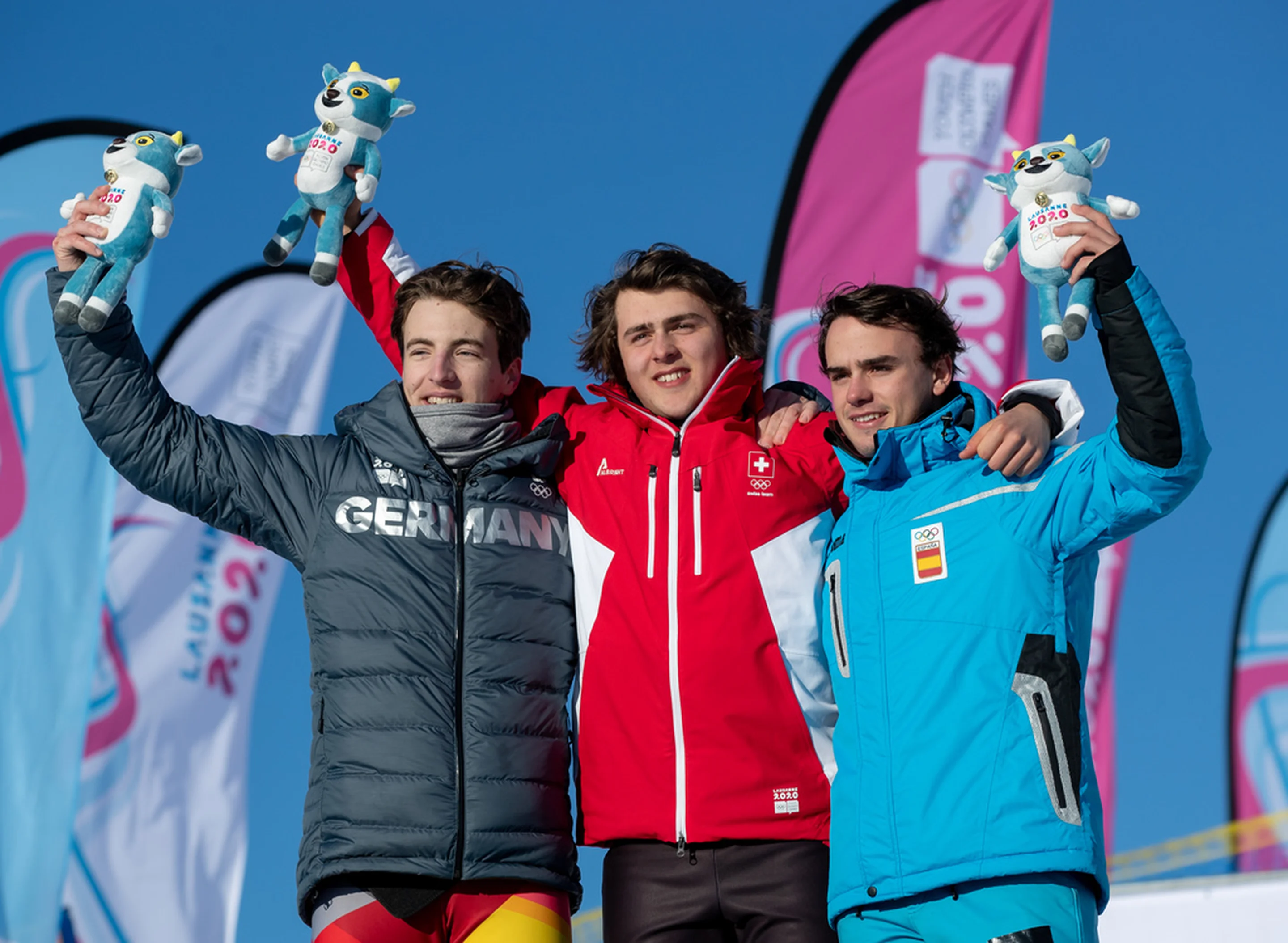 Men's SBX podium: 2nd Niels Conradt (GER), 1st Valerio Jud (SUI), 3rd Alvaro Romero (ESP) © IOS