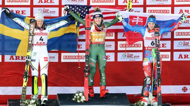 ARE, SWEDEN - FEBRUARY 16: Mikaela Shiffrin of USA wins the gold medal, Anna Swenn Larsson of Sweden wins the silver medal, Petra Vlhova of Slovakia wins the bronze medal during the FIS World Ski Championships Women's Slalom on February 16, 2019 in Are Sweden. (Photo by Christophe Pallot/Agence Zoom)
