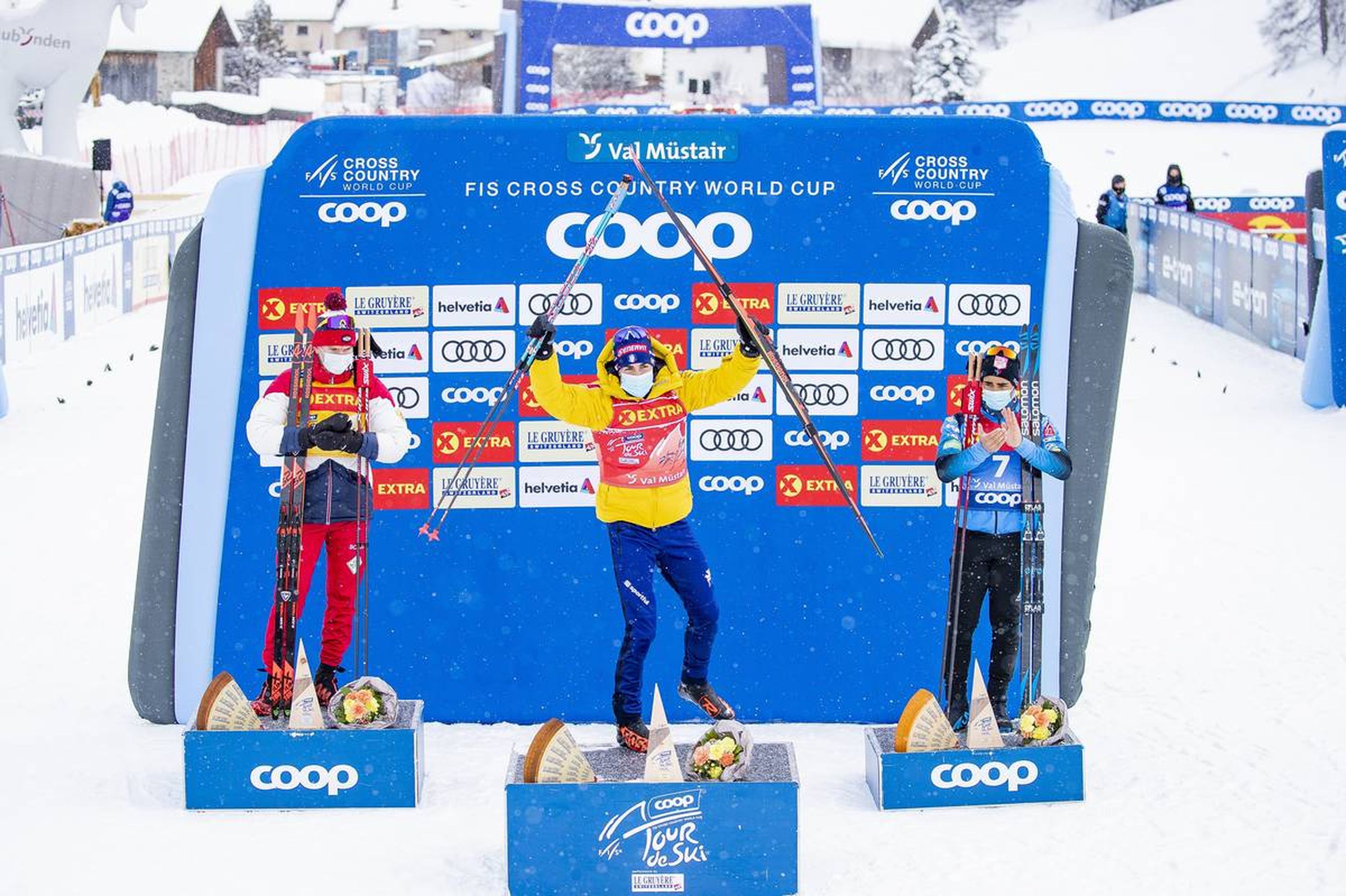 01.01.2021 Val Mustair, Switzerland (SUI):
Alexander Bolshunov (RUS), Federico Pellegrino (ITA), Richard Jouve (FRA), (l-r)  - FIS world cup cross-country, tour de ski, individual sprint, Val Mustair (SUI). www.nordicfocus.com. © Modica/NordicFocus. Every downloaded picture is fee-liable.