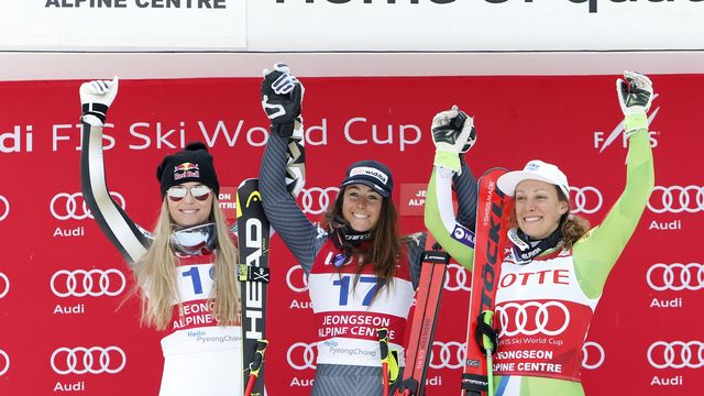 JEONGSEON, SOUTH KOREA - MARCH 05: Sofia Goggia of Italy takes 1st place, Lindsey Vonn of USA takes 2nd place, Ilka Stuhec of Slovenia takes 3rd place during the Audi FIS Alpine Ski World Cup Women's Super-G on March 05, 2017 in Jeongseon, South Korea (Photo by Alexis Boichard/Agence Zoom)