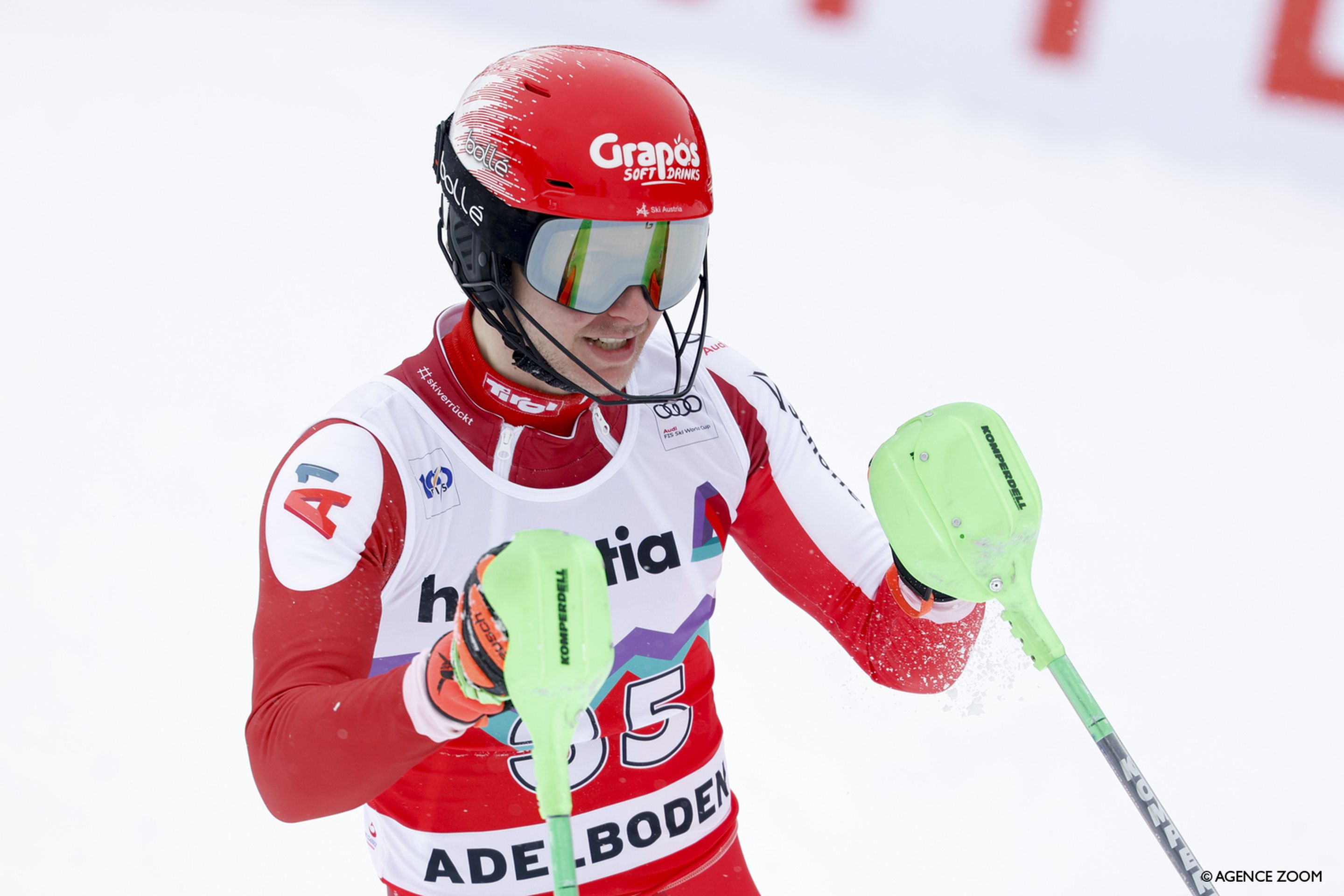 Dominik Raschner (AUT) took an early lead and held on for his first World Cup slalom podium (Agence Zoom)