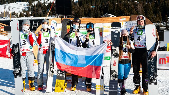 The Lachtal 2020 JWCs mixed team PSL podium © Miha Matavz/FIS Snowboard