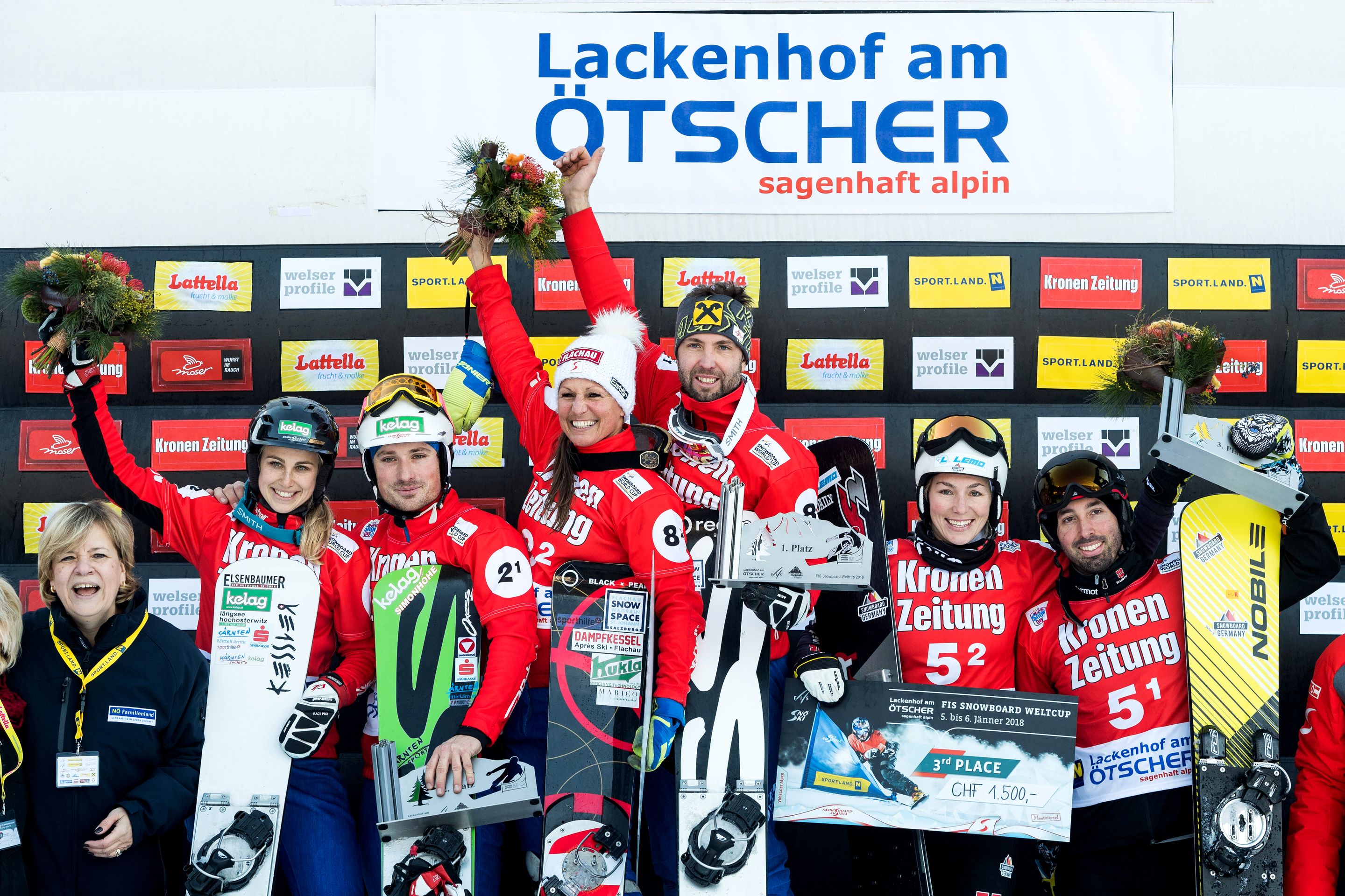FIS Snowboard World Cup - Lackenhof AUT - Snowboard Parallel Team Event - Podium with 2nd team AUT1(SCHOEFFMANN Sabine and PAYER Alexander), 1st team AUT3 (RIEGLER Claudia and PROMMEGGER Andreas) and 3rd team GER1 (JOERG Selina and BUSSLER Patrick) © Miha Matavz/FIS