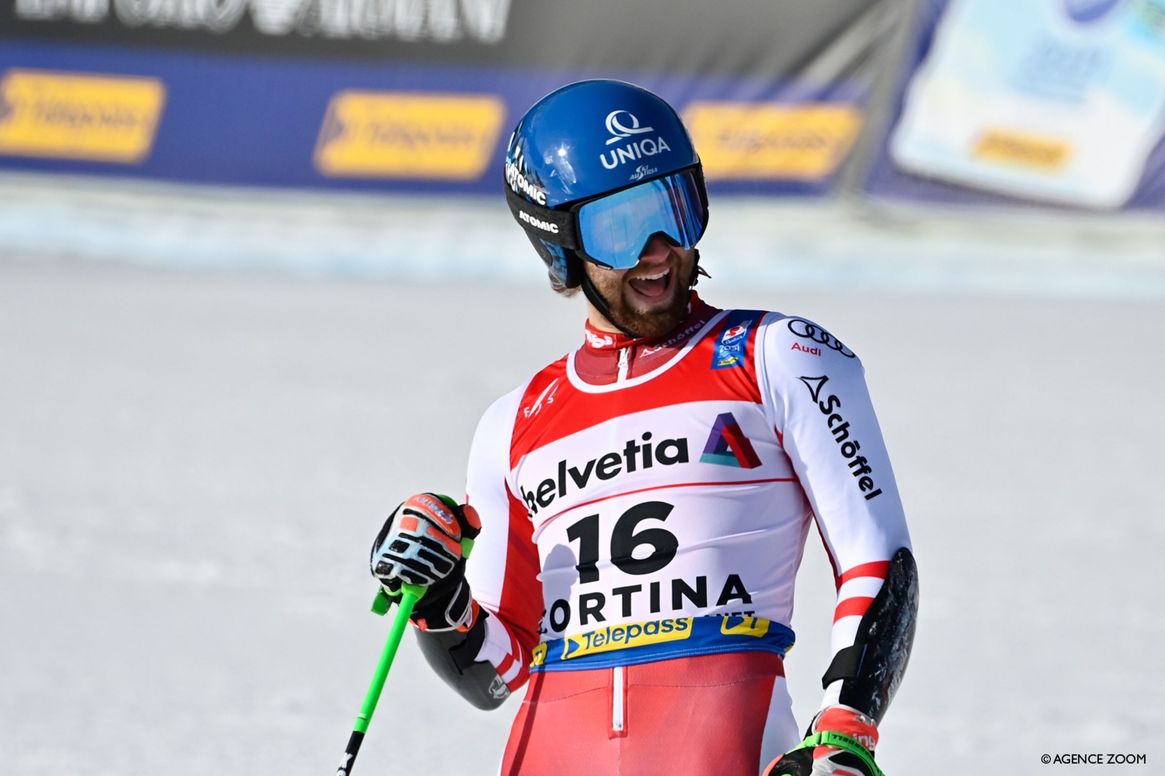 CORTINA D'AMPEZZO, ITALY - FEBRUARY 19 : Marco Schwarz of Austria wins the bronze medal during the FIS Alpine Ski World Championships Men's Giant Slalom on February 19, 2021 in Cortina d'Ampezzo Italy. (Photo by Alain Grosclaude/Agence Zoom)