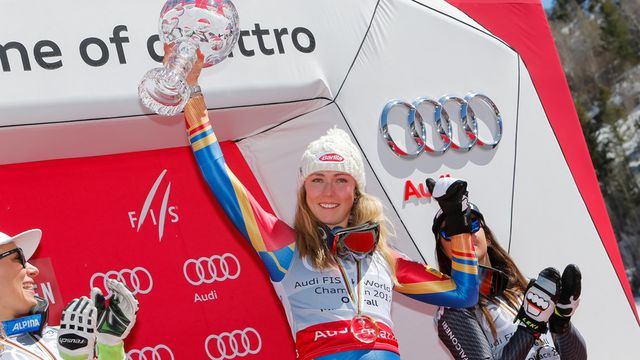 ASPEN, USA - MARCH 19: Mikaela Shiffrin of USA wins the globe in the overall standings during the Audi FIS Alpine Ski World Cup Finals Women's on March 19, 2017 in Aspen, USA (Photo by Alexis Boichard/Agence Zoom)