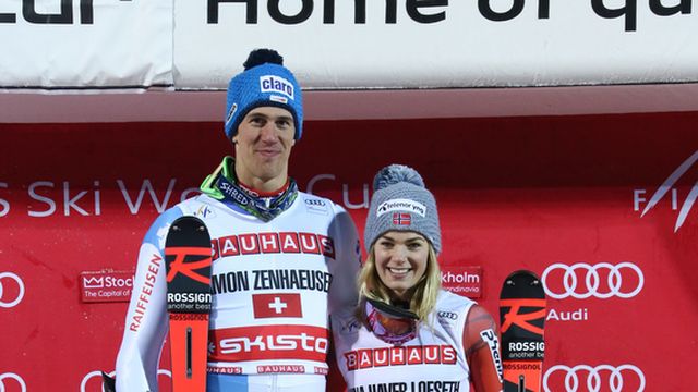 STOCKHOLM, SWEDEN - JANUARY 30: Nina Haver-loeseth of Norway takes 1st place, Ramon Zenhaeusern of Switzerland takes 1st place during the Audi FIS Alpine Ski World Cup Men's and Women's City Event on January 30, 2018 in Stockholm, Sweden. (Photo by Millo Moravski/Agence Zoom)