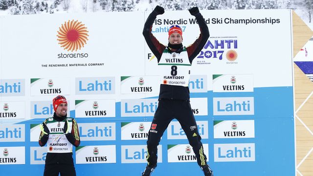 LAHTI, FINLAND - FEBRUARY 24: Bjoern Kircheisen of Germany wins the bronze medal during the FIS Nordic World Ski Championships Men's Nordic Combined HS100/10k on February 24, 2017 in Lahti, Finland. (Photo by Giovanni Auletta/Agence Zoom)