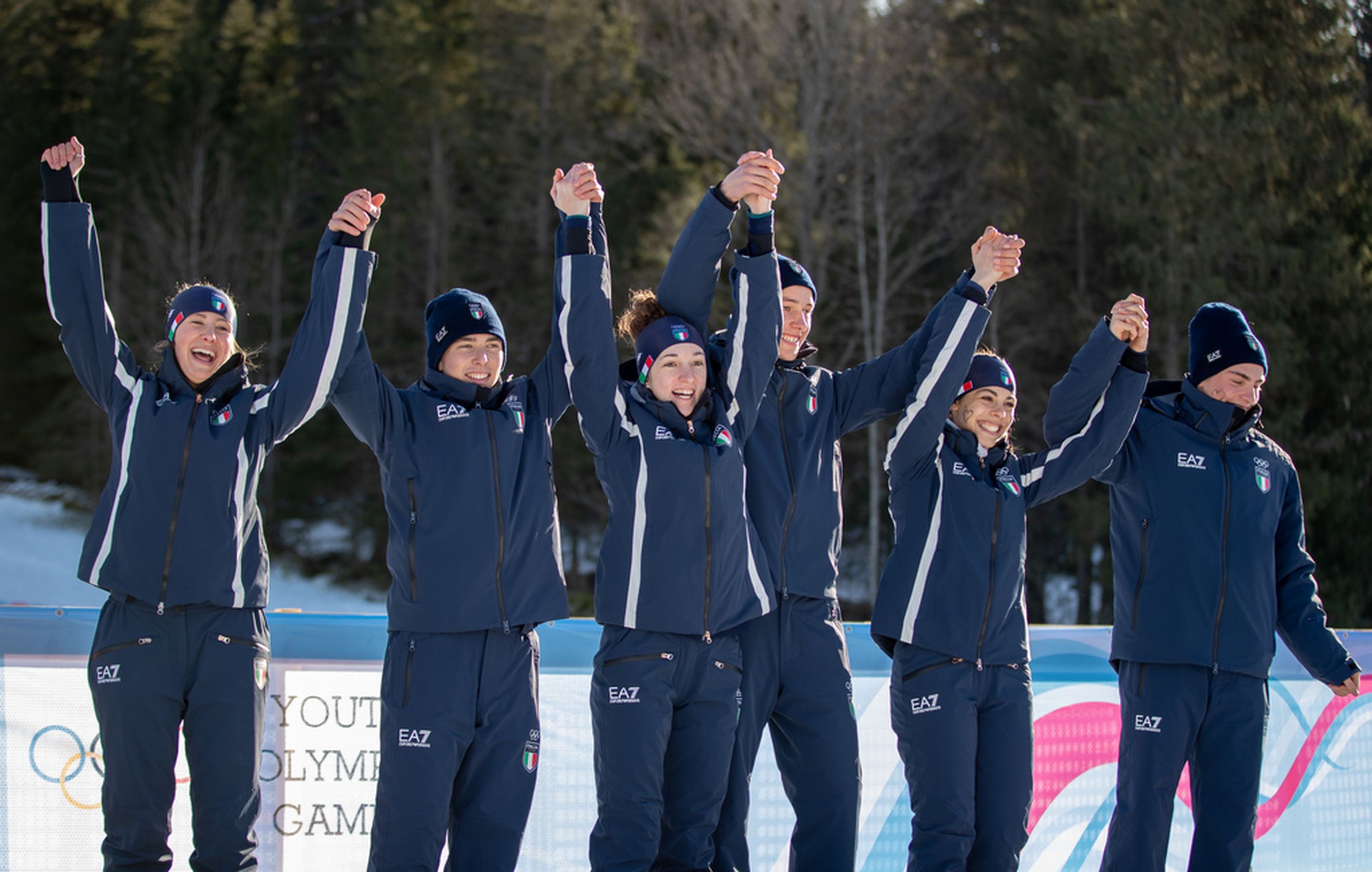 The Bronze medal winning Italy ITA team at the Medal Ceremony for the Nordic Combined Mixed team Competition at Les Tuffes Nordic Centre in France. The Winter Youth Olympic Games, Lausanne, Switzerland, Wednesday 22 January 2020. Photo: OIS/Simon Bruty. Handout image supplied by OIS/IOC