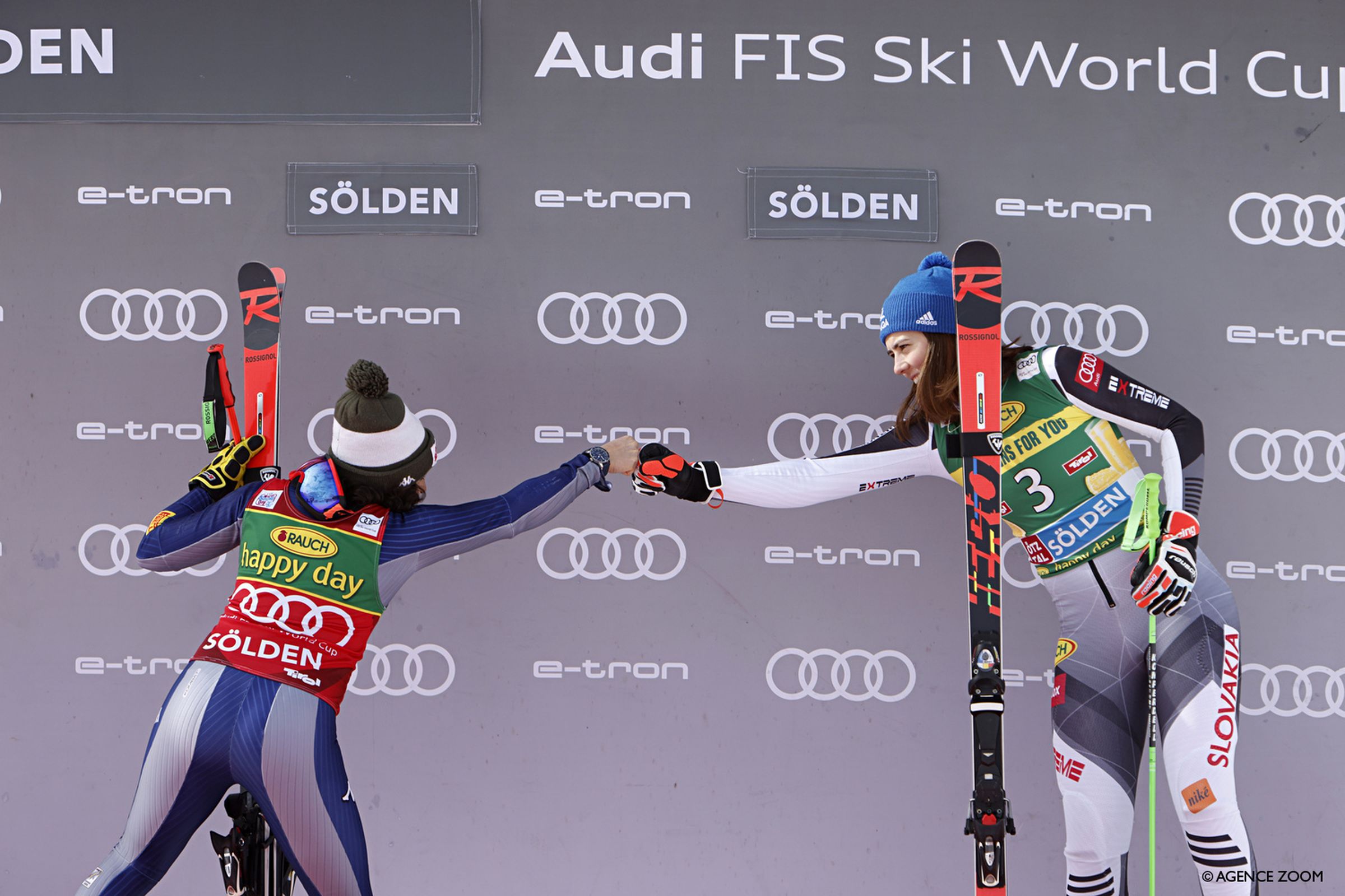 SOELDEN, AUSTRIA - OCTOBER 17: Federica Brignone of Italy takes 2nd place, Petra Vlhova of Slovakia takes 3rd place during the Audi FIS Alpine Ski World Cup Women's Giant Slalom on October 17, 2020 in Soelden, Austria. (Photo by Alexis Boichard/Agence Zoom)