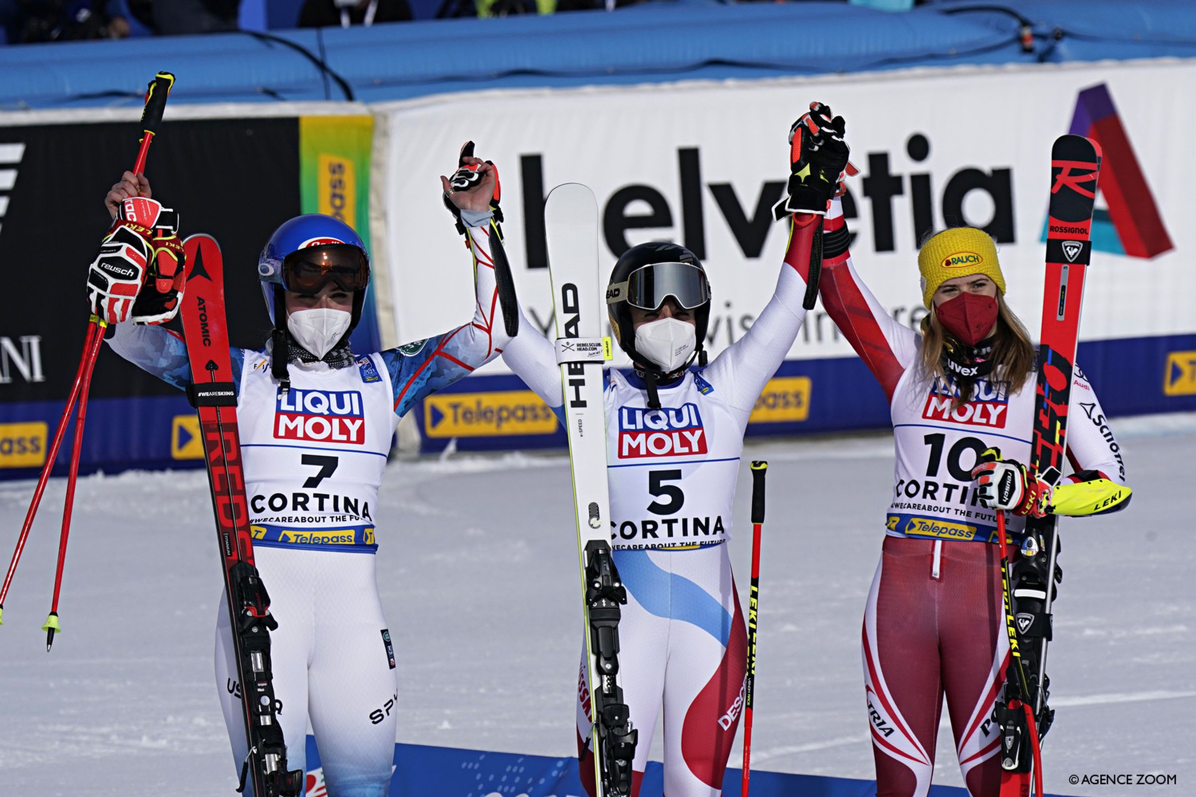 CORTINA D'AMPEZZO, ITALY - FEBRUARY 18 : Mikaela Shiffrin of USA wins the silver medal, Lara Gut-behrami of Switzerland wins the gold medal, Katharina Liensberger of Austria wins the bronze medal during the FIS Alpine Ski World Championships Women's Giant Slalom on February 18, 2021 in Cortina d'Ampezzo Italy. (Photo by Francis Bompard/Agence Zoom)
