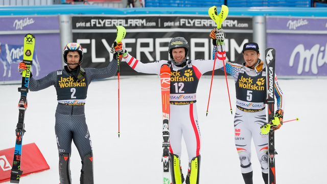 KRANJSKA GORA, SLOVENIA - MARCH 05: Stefano Gross of Italy takes 2nd place, Michael Matt of Austria takes 1st place, Felix Neureuther of Germany takes 3rd place during the Audi FIS Alpine Ski World Cup Men's Slalom on March 05, 2017 in Kranjska Gora, Slovenia (Photo by Stanko Gruden/Agence Zoom)