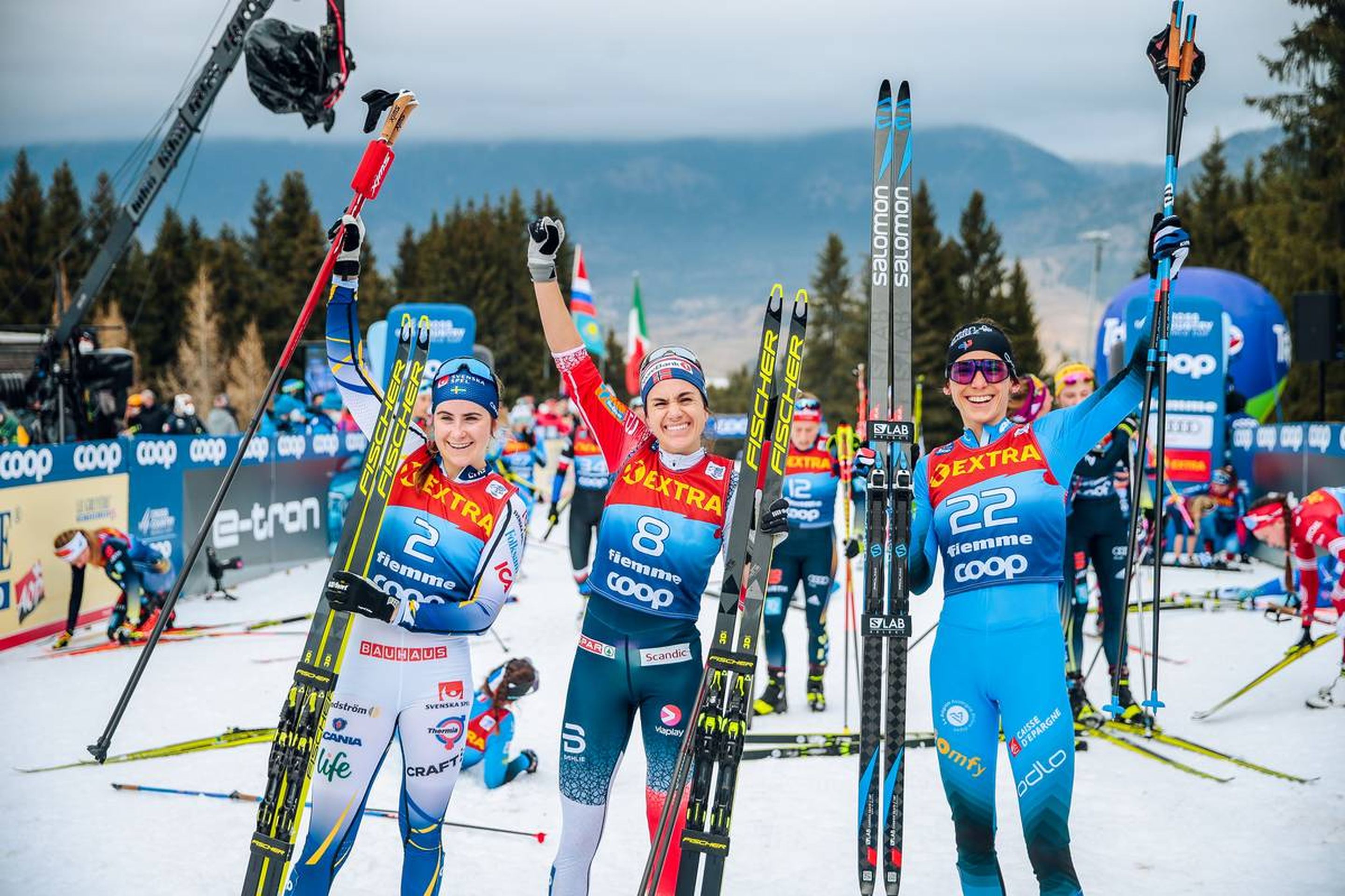 04.01.2022, Val di Fiemme, Italy (ITA):
Ebba Andersson (SWE), Heidi Weng (NOR), Delphine Claudel (FRA), (l-r)  - FIS world cup cross-country, tour de ski, final climb women, Val di Fiemme (ITA). www.nordicfocus.com. © Modica/NordicFocus. Every downloaded picture is fee-liable.