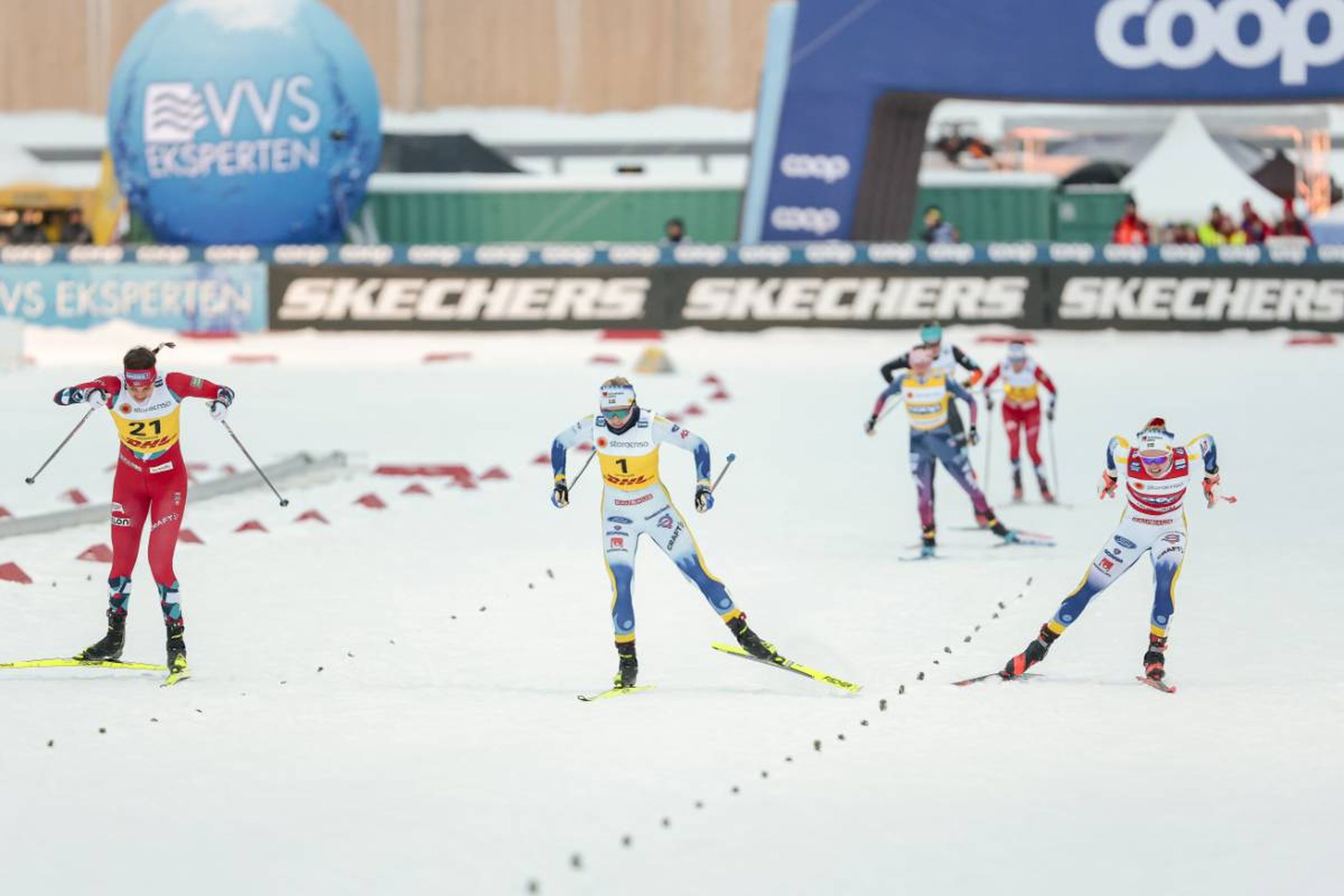 The deciding moment: (From left) Kristine Stavaas Skistad (NOR), Linn Svahn (SWE) and Emma Ribom (SWE) fight for the podium positions in the last metres of the women's sprint free © NordicFocus