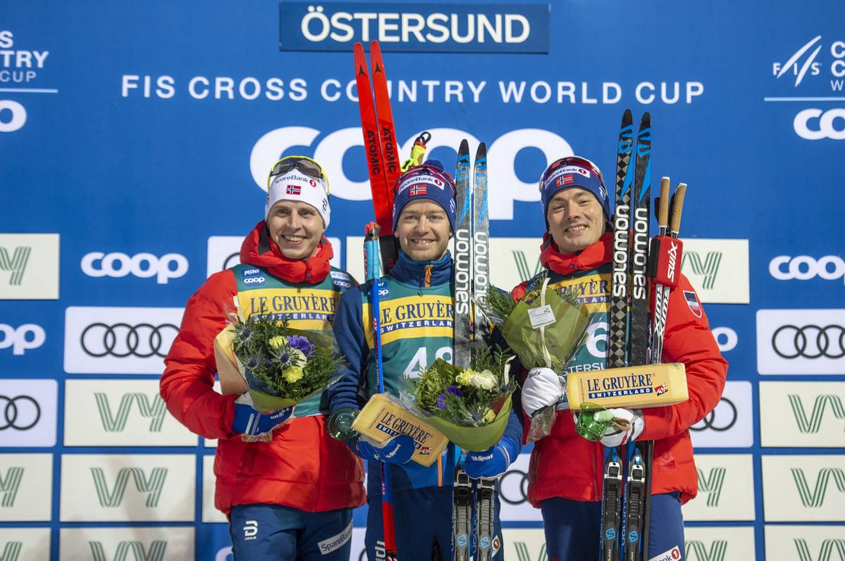 15.02.2020, Oestersund, Sweden (SWE):
Simen Hegstad Krueger (NOR), Sjur Roethe (NOR), Finn Haagen Krogh (NOR), (l-r) - FIS world cup cross-country, 15km men, Oestersund (SWE). www.nordicfocus.com. © Vianney THIBAUT/NordicFocus. Every downloaded picture is fee-liable.