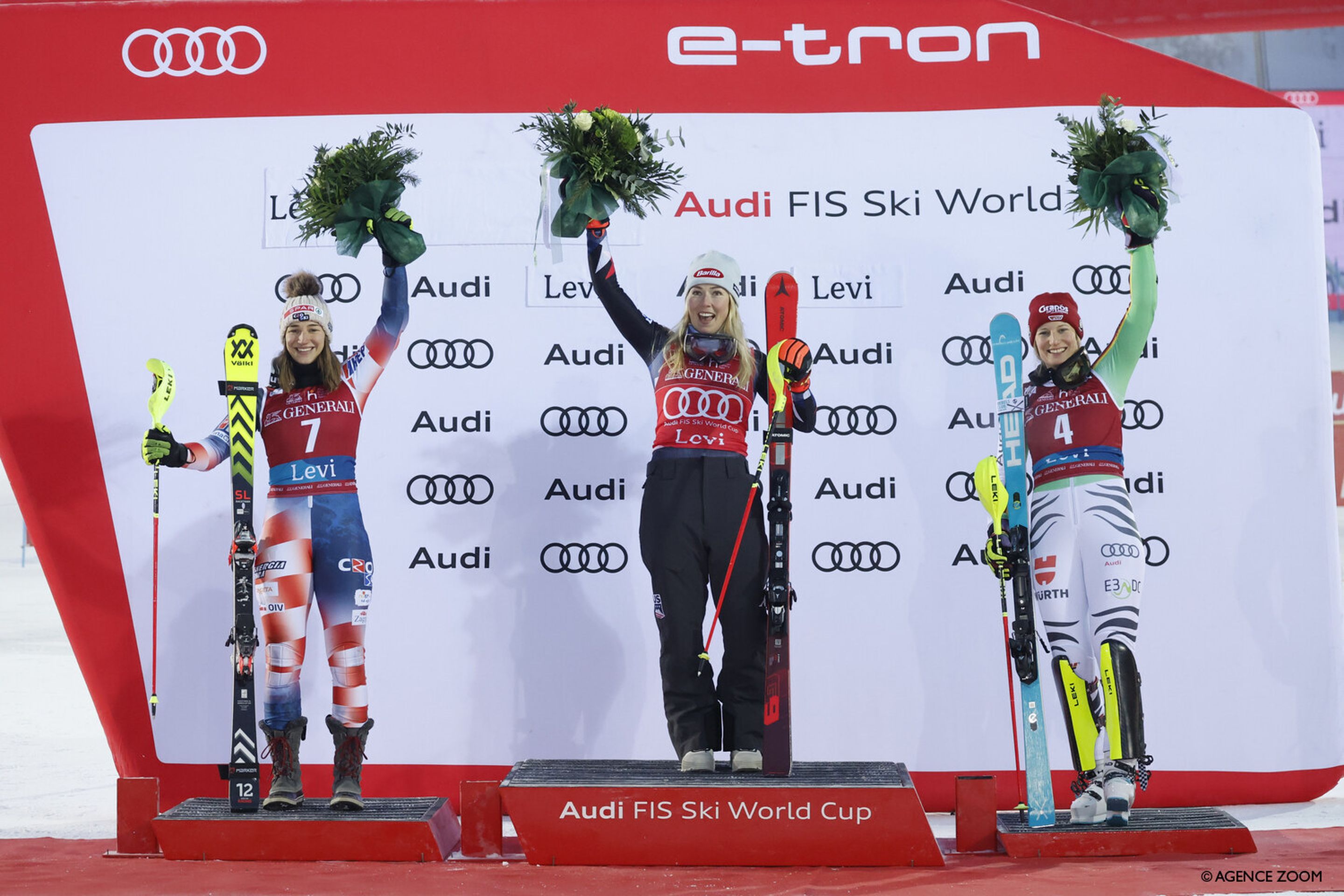 Sunday's podium of Popovic (left), Shiffrin (centre) and Duerr (right)