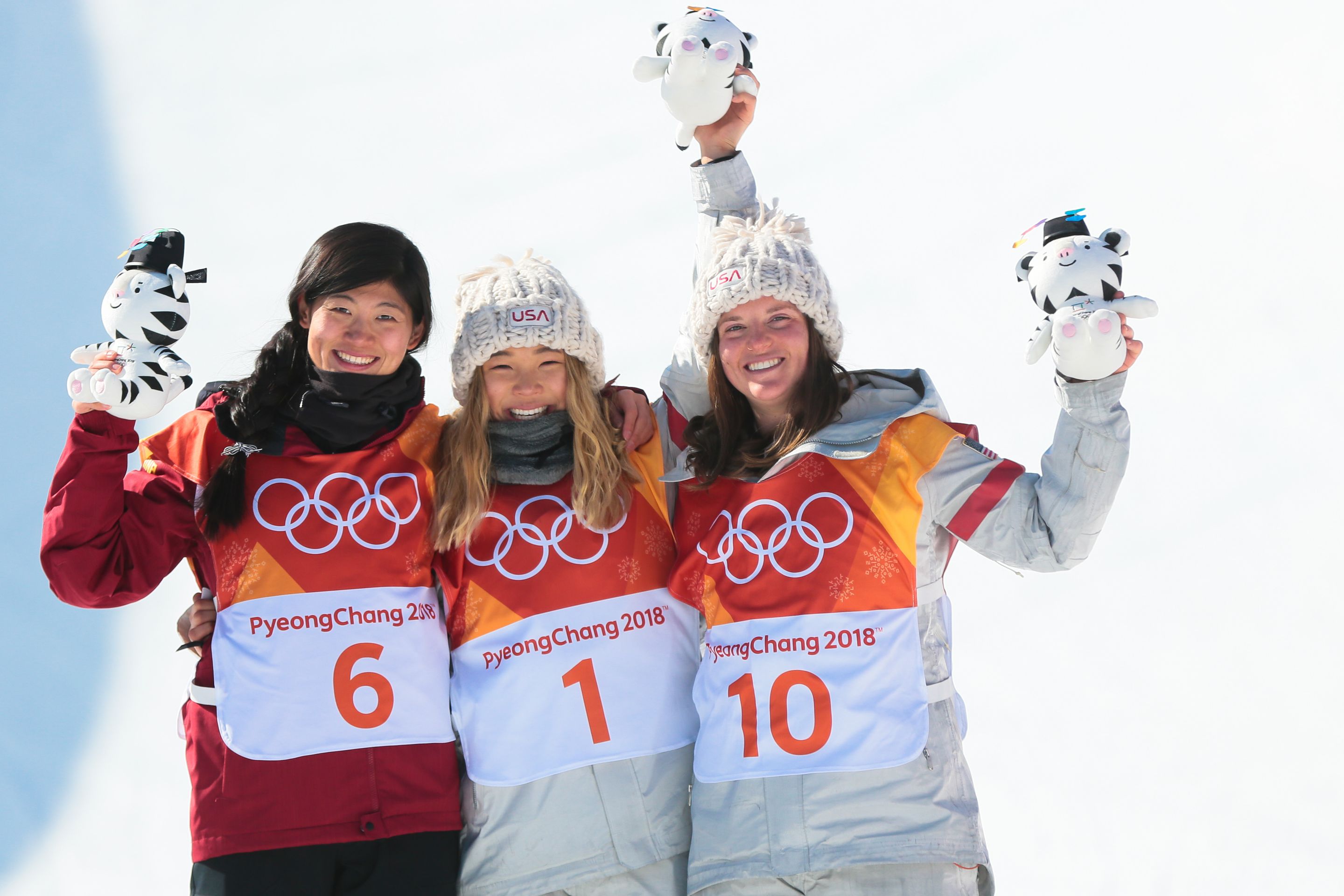 PYEONGCHANG-GUN, SOUTH KOREA - FEBRUARY 13: Chloe Kim of USA takes 1st place, Jiayu Liu of China takes 2nd place, Arielle Gold of USA takes 3rd place during the Snowboarding Women's Halfpipe Finals at Pheonix Snow Park on February 13, 2018 in Pyeongchang-gun, South Korea. (Photo by Laurent Salino/Agence Zoom)