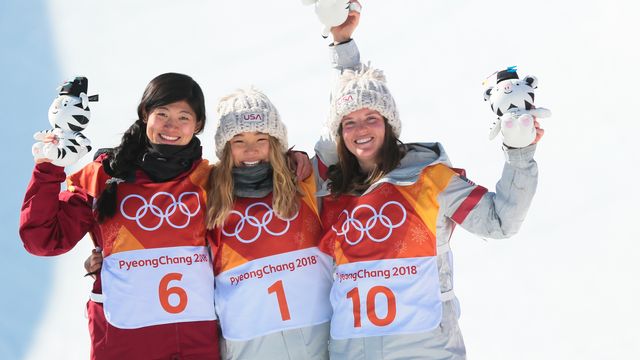 PYEONGCHANG-GUN, SOUTH KOREA - FEBRUARY 13: Chloe Kim of USA takes 1st place, Jiayu Liu of China takes 2nd place, Arielle Gold of USA takes 3rd place during the Snowboarding Women's Halfpipe Finals at Pheonix Snow Park on February 13, 2018 in Pyeongchang-gun, South Korea. (Photo by Laurent Salino/Agence Zoom)