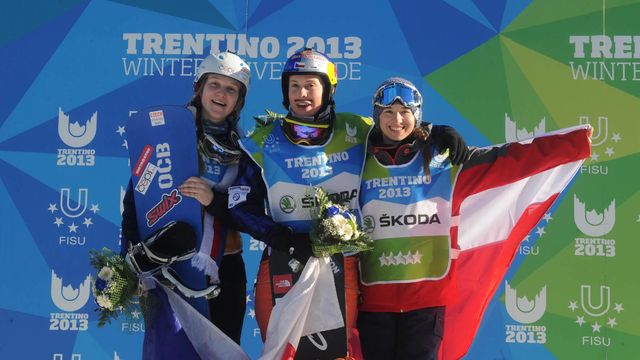 ©FISU: Trentino 2013 golden girl Eva Samková is flanked by her Czech teammate Katerina Chourova on the left and Polish bronze medalist Zuzana Smykala on the Winter Universiade Snowboard Cross podium