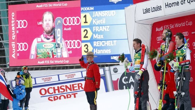 LAKE LOUISE, AB - NOVEMBER 26: Kjetil Jansrud of Norway takes 1st place, Franz Max of Austria takes 2nd place, Hannes Reichelt of Austria takes 3rd place during the Audi FIS Alpine Ski World Cup Men's Super G on November 26, 2017 in Lake Louise, Canada. (Photo by Christophe Pallot/Agence Zoom)