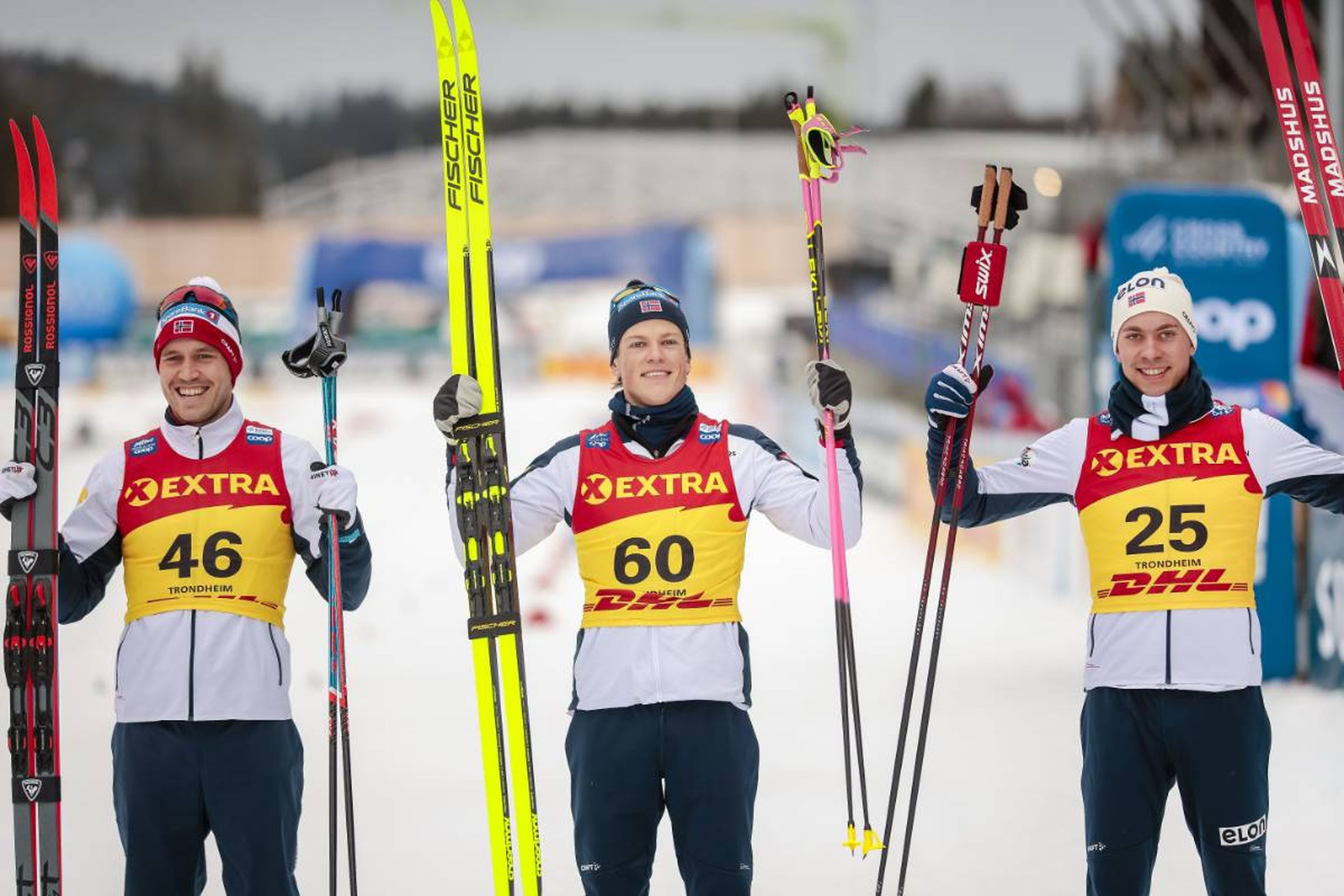Clean sweep for Norway as Paal Golberg (left), Johannes Hoesflot Klaebo (middle) and Henrik Doennestad (right) celebrate on the podium © NordicFocus