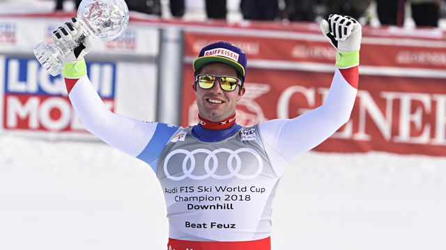 ARE, SWEDEN - MARCH 14: Beat Feuz of Switzerland wins the globe in the men downhill standing during the Audi FIS Alpine Ski World Cup Finals Men's and Women's Downhill on March 14, 2018 in Are, Sweden. (Photo by Alain Grosclaude/Agence Zoom)