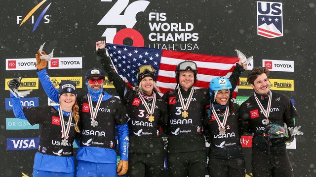 The mixed team SBX podium at the Utah 2019 world championships © Laurent Salino/Agence Zoom