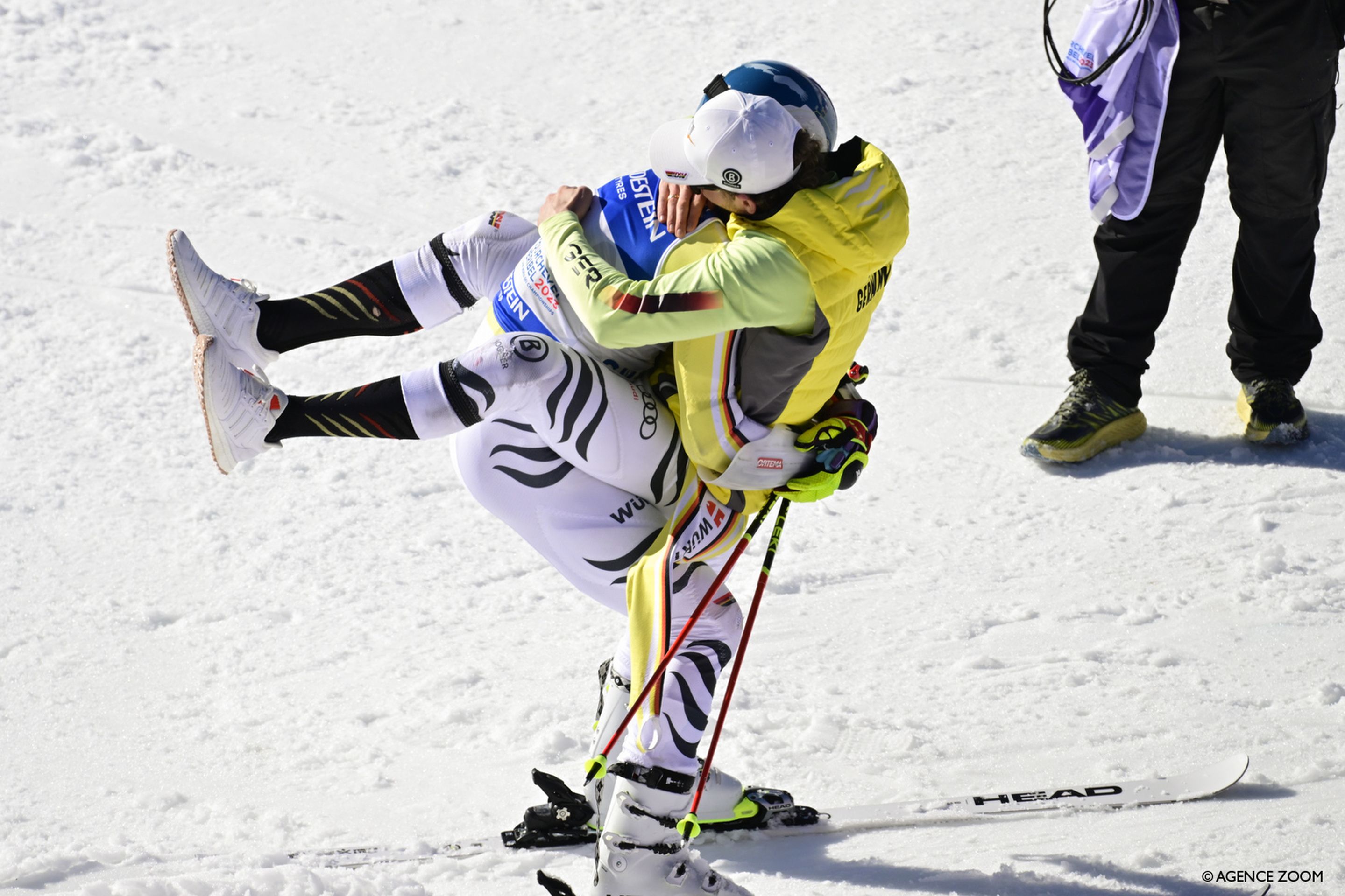 Schmid celebrates with fellow German racer Linus Strasser (Agence Zoom)