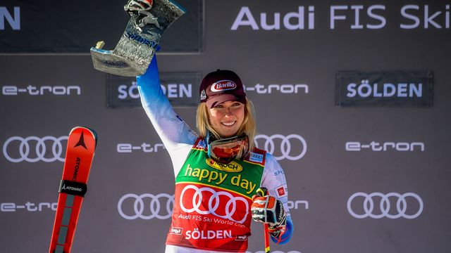 SOELDEN, AUSTRIA - OCTOBER 23: Mikaela Shiffrin of USA takes 1st place during the Audi FIS Alpine Ski World Cup Women's Giant Slalom on October 23, 2021 in Soelden, Austria. (Photo by Michel Cottin/Agence Zoom)