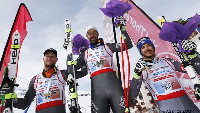 VAL THORENS, FRA - MARCH 31: Adrien Theaux of France takes 1st place, Blaise Giezendanner of France takes 2nd place, Cyprien Sarrazin of France takes 3rd place during the french alpine ski championship men's super G on March 31, 2017 inVal Thorens, FRA (Photo by Alexis Boichard/Agence Zoom)