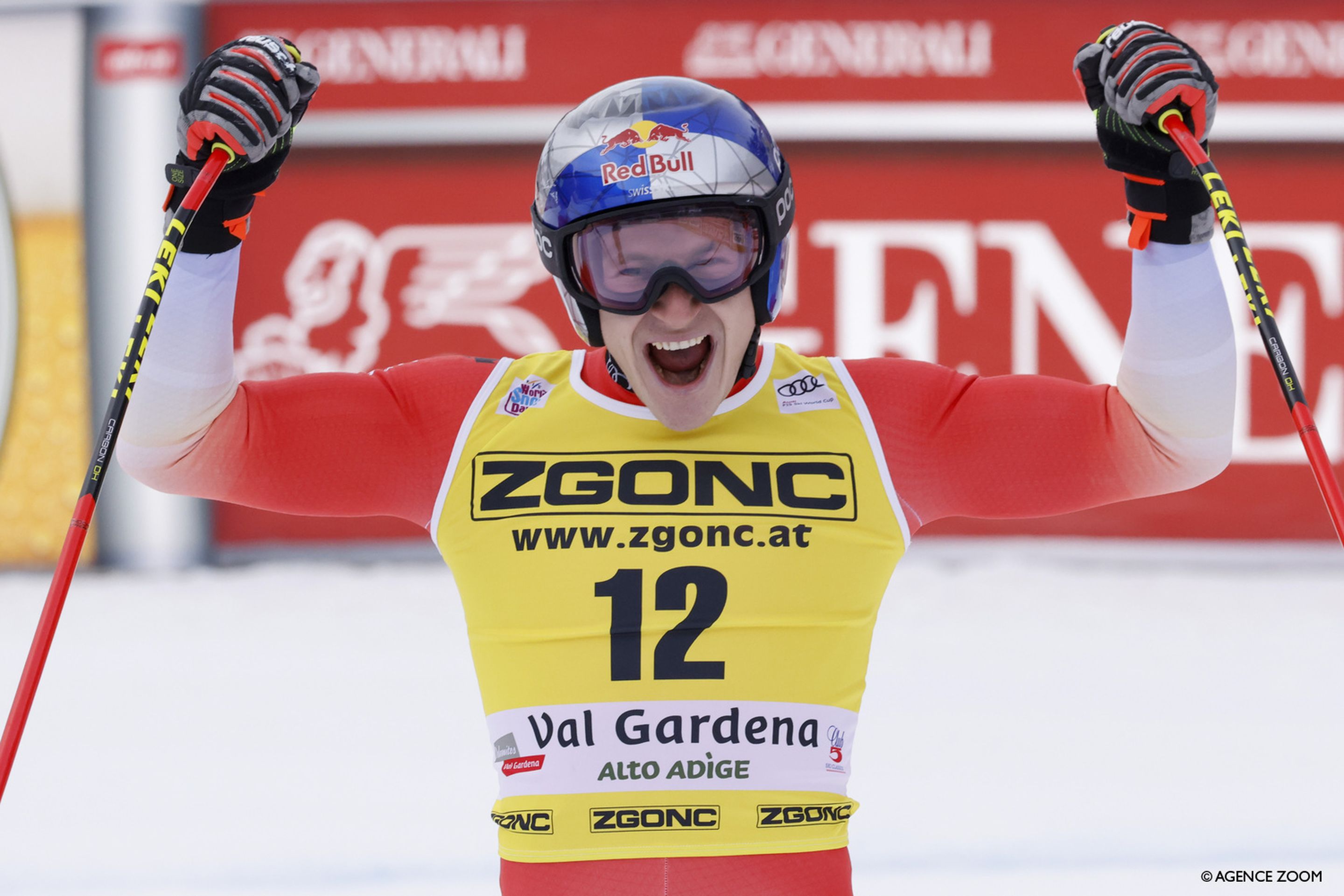 Marco Odermatt (SUI) celebrates after briefly leading the field in the downhill at Val Gardena (Agence Zoom)