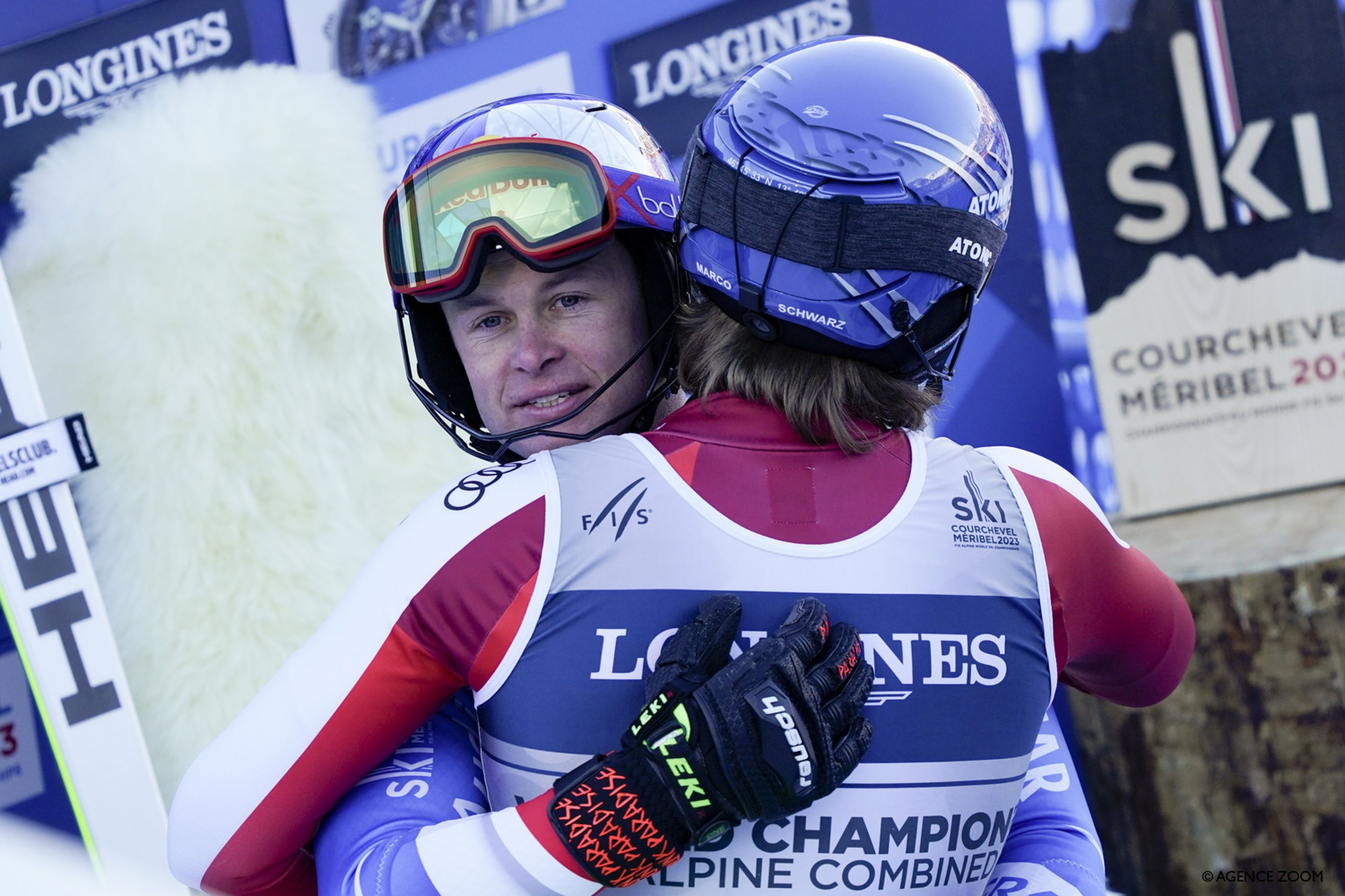 Pinturault and Schwarz embrace after flipping their 1-2 finish from the 2021 world championships (Agence Zoom)