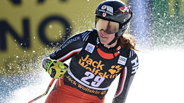 VAL D'ISERE, FRANCE - DECEMBER 19: Marie-michele Gagnon of Canada celebrates during the Audi FIS Alpine Ski World Cup Women's Downhill on December 19, 2020 in Val d'Isere France. (Photo by Michel Cottin/Agence Zoom)