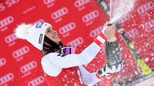 VAL-D'ISERE, FRANCE - DECEMBER 17: Anna Veith of Austria takes 1st place during the Audi FIS Alpine Ski World Cup Women's Super G on December 17, 2017 in Val-d'Isere, France. (Photo by Michel Cottin/Agence Zoom)