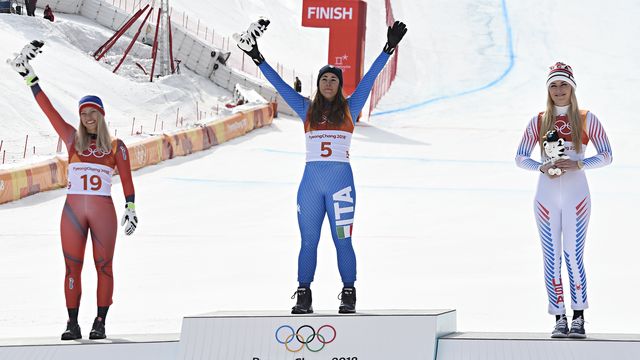 PYEONGCHANG-GUN, SOUTH KOREA - FEBRUARY 21: Ragnhild Mowinckel of Norway wins the silver medal, Sofia Goggia of Italy wins the gold medal, Lindsey Vonn of USA wins the bronze medal during the Alpine Skiing Women's Downhill at Jeongseon Alpine Centre on February 21, 2018 in Pyeongchang-gun, South Korea. (Photo by Alain Grosclaude/Agence Zoom)