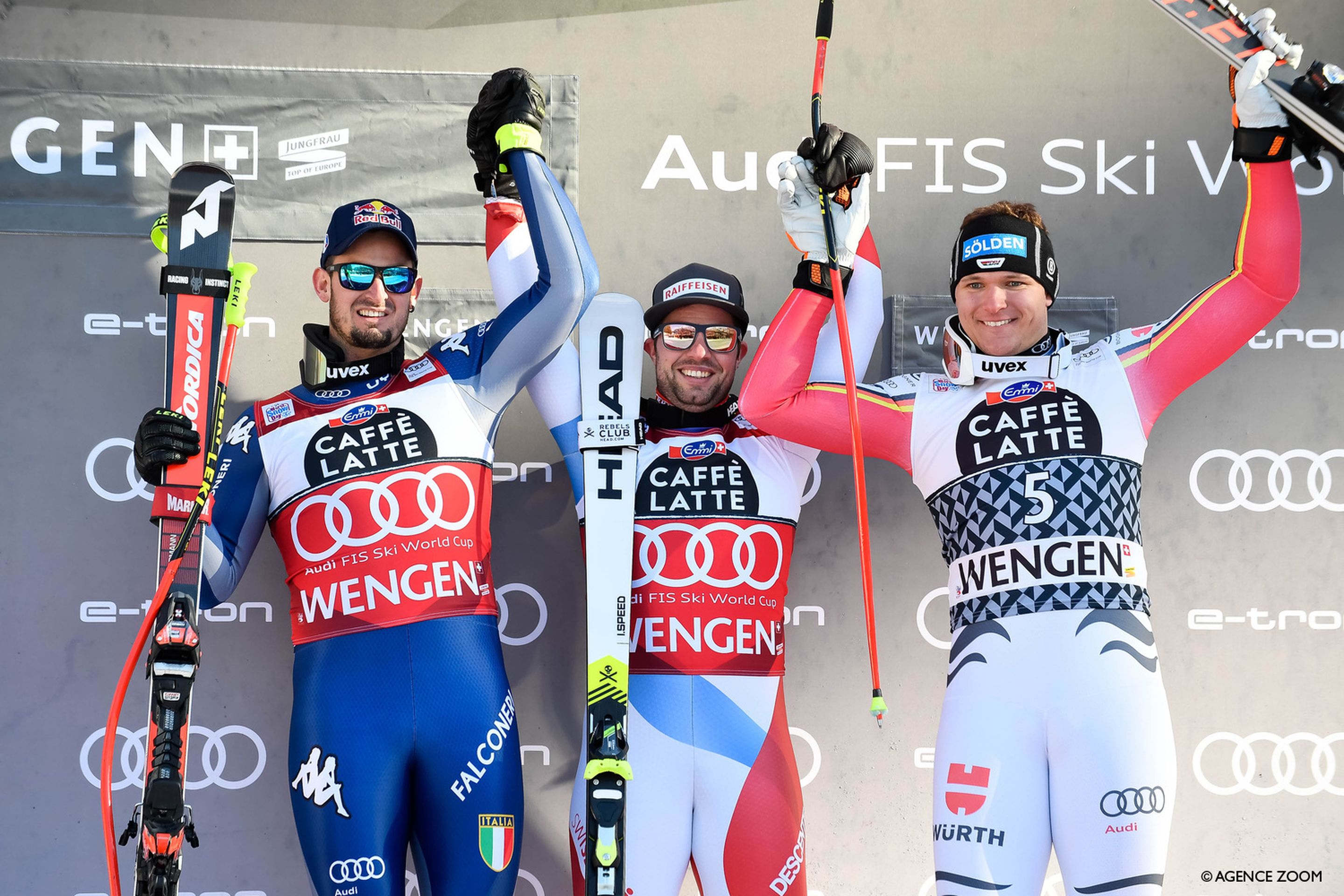 WENGEN, SWITZERLAND - JANUARY 18 : Dominik Paris of Italy takes 2nd place, Beat Feuz of Switzerland takes 1st place, Thomas Dressen of Germany takes 3rd place during the Audi FIS Alpine Ski World Cup Men's Downhill on January 18, 2020 in Wengen Switzerland. (Photo by Alain Grosclaude/Agence Zoom)