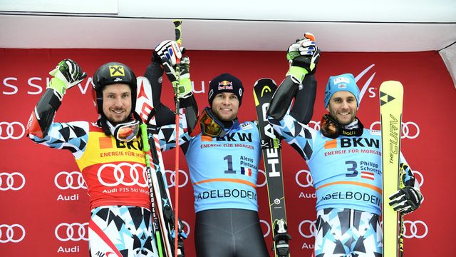ADELBODEN, SWITZERLAND - JANUARY 07: Alexis Pinturault of France takes 1st place, Marcel Hirscher of Austria takes 2nd place, Philipp Schoerghofer of Austria takes 3rd place during the Audi FIS Alpine Ski World Cup Men's Giant Slalom on January 07, 2017 in Adelboden, Switzerland (Photo by Alain Grosclaude/Agence Zoom)